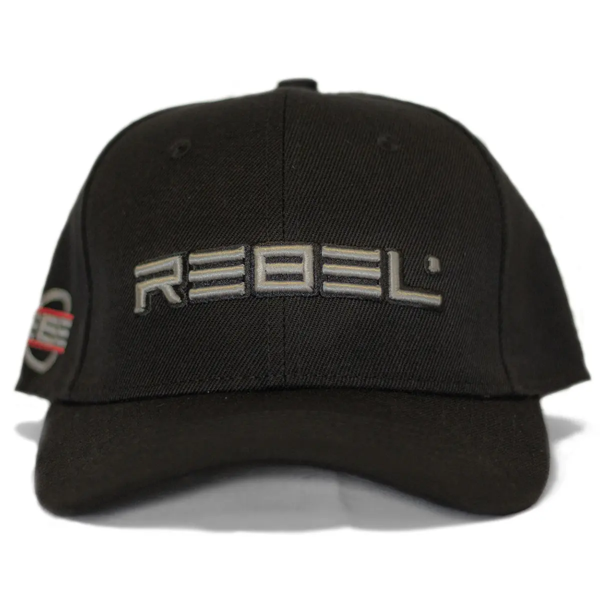 Front view of REBEL classic curve Black hat displaying the metallic silver 4" wide centered front 3D embroidery logo and solid back panels