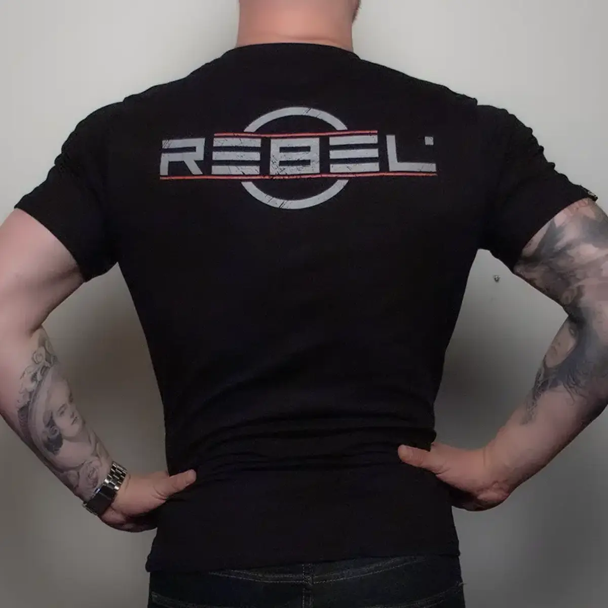 REBEL Grunge T-Shirt black back view bi-color REBEL logo print