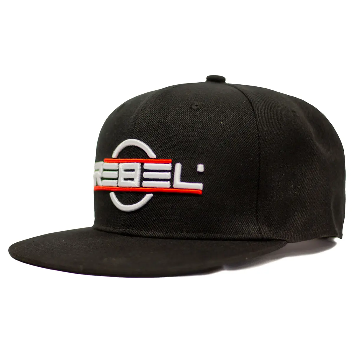 Angled left front view of the REBEL Snapback Hat showing 3D white and red embroidered logo on black structured flat brim cap
