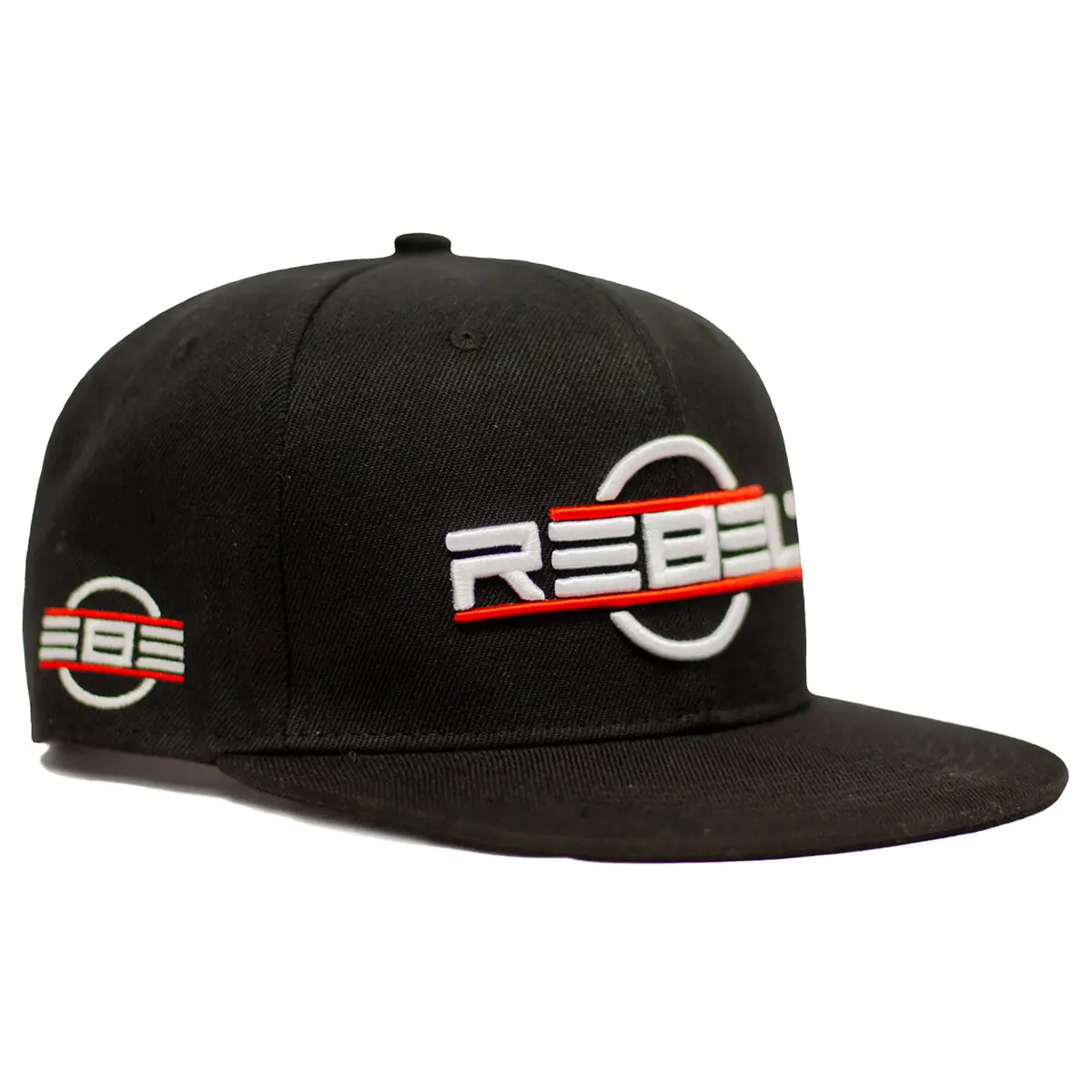 Angled right view of the REBEL Snapback Hat showing front 3D REBEL embroidery and side logo on black flat brim cap