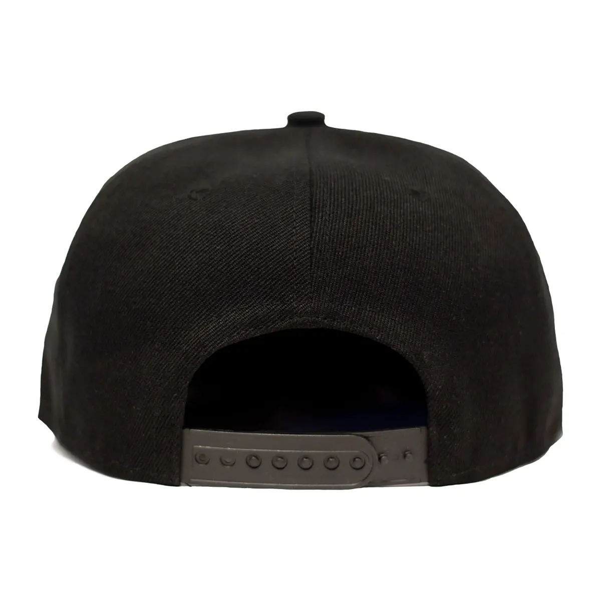 Back view of the REBEL Snapback Hat showing adjustable plastic snapback closure and structured black crown