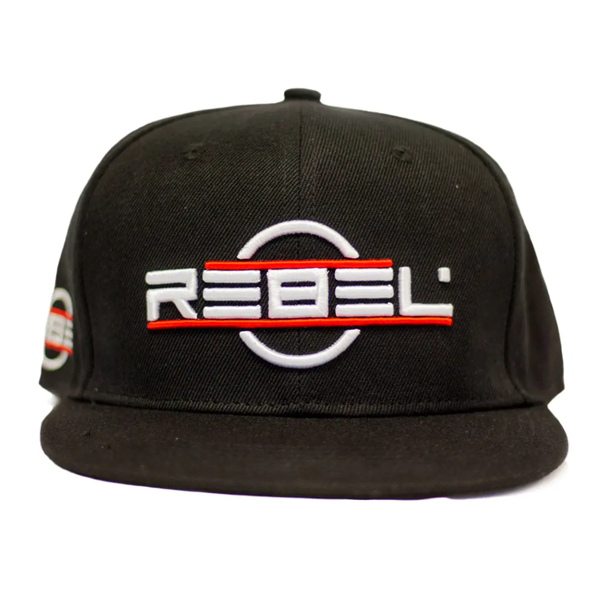 Front view of the REBEL snapback hat featuring a 4.5" wide centered red-and-white 3D embroidered logo on solid black front panels, with a partial view of a small red-and-white 1.5" embroidery above the right ear and a flat brim.