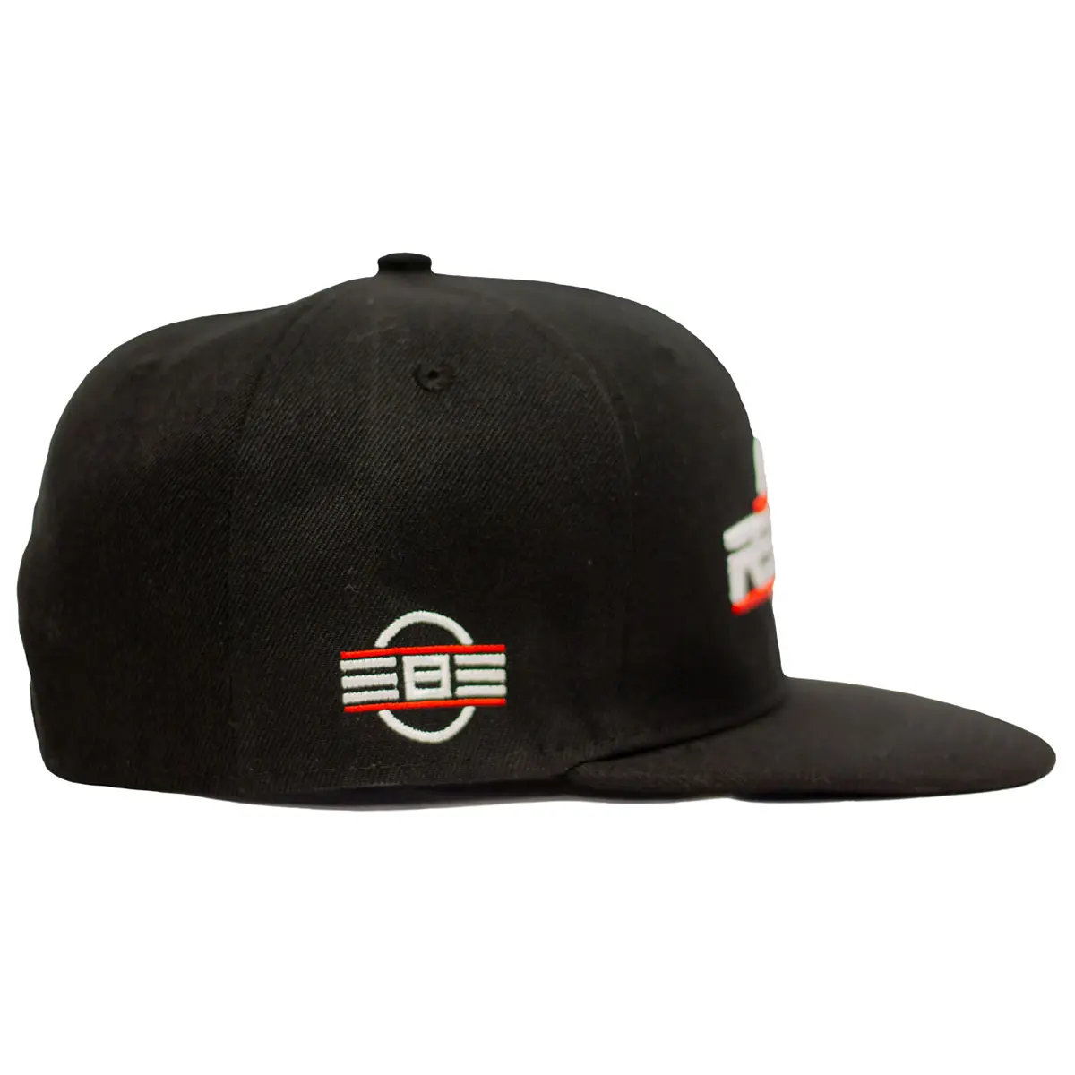 Right side view of the REBEL Snapback Hat showing small white and red REBEL logo embroidered on the side panel