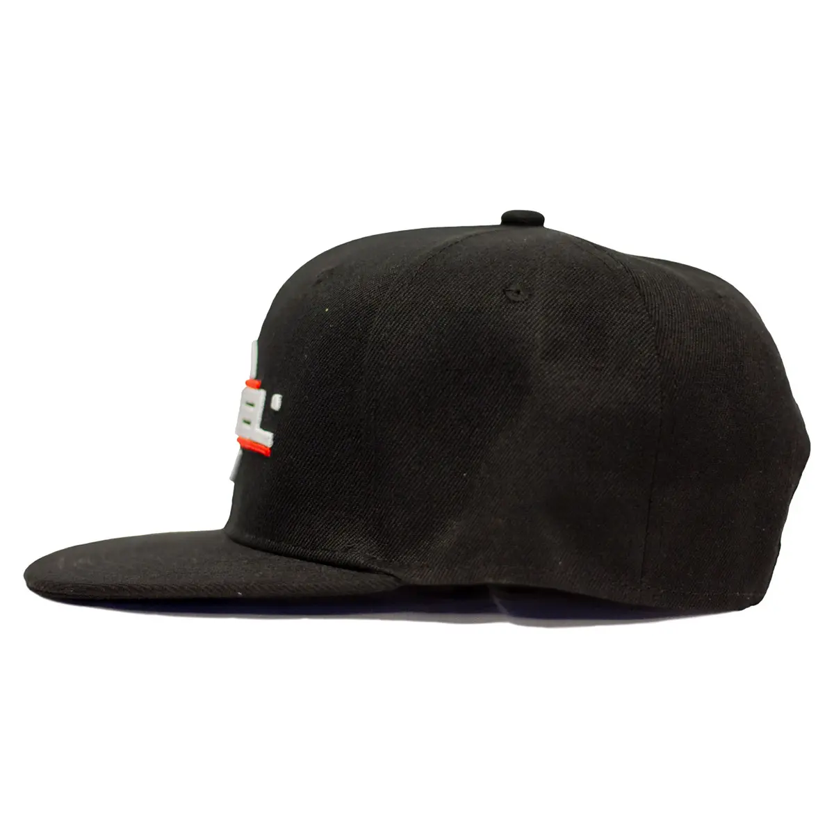 Left side view of the black REBEL Snapback Hat showing flat brim profile and high structured crown