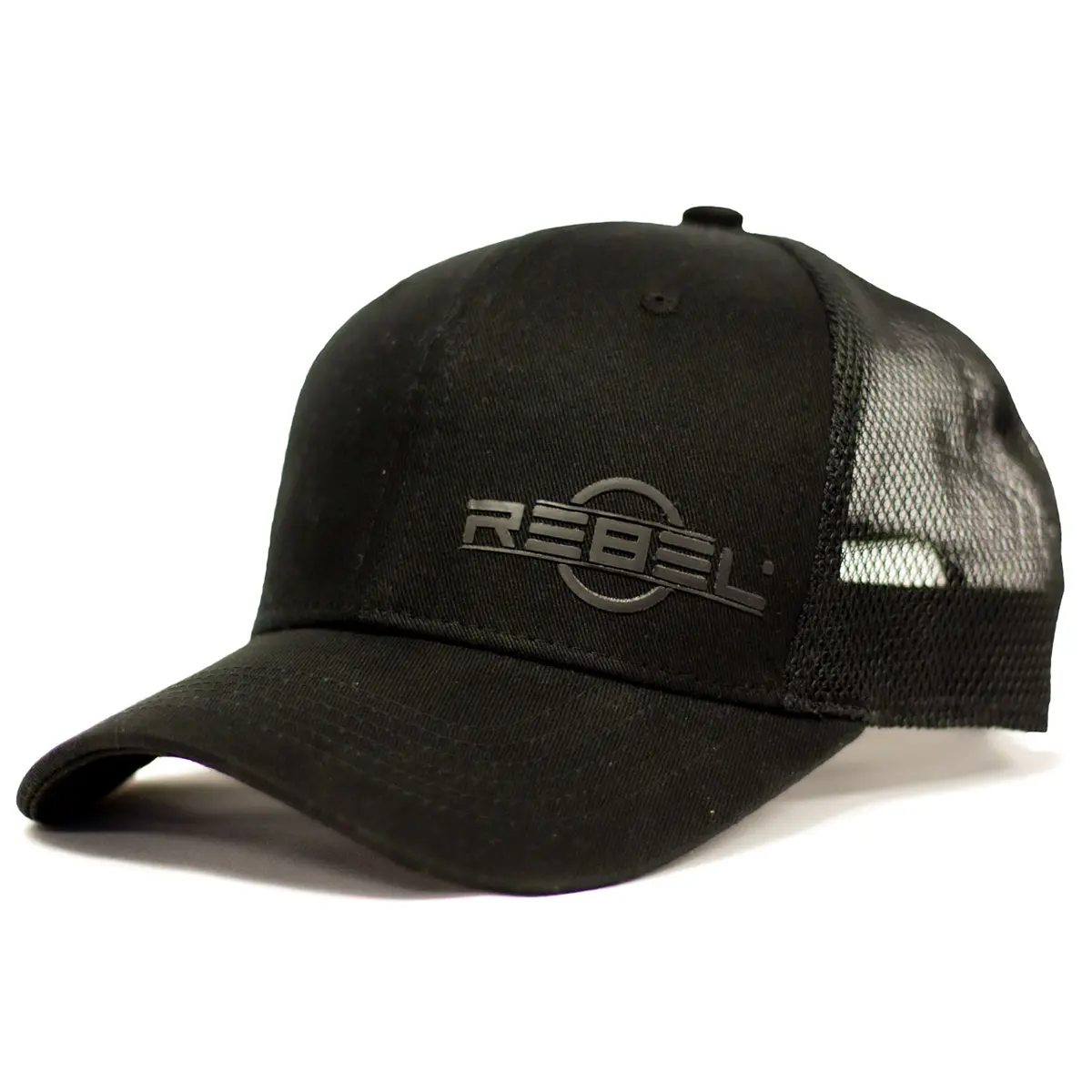 REBEL Phantom Trucker Hat three-quarter left view, 2.5 inch black rubber REBEL logo on cotton front left panel, black mesh back panels visible