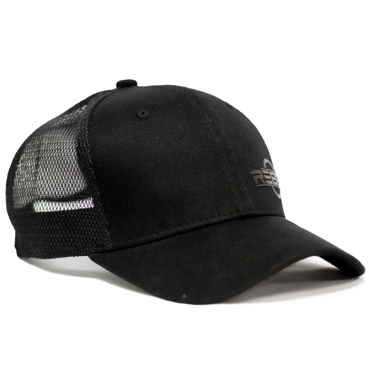 REBEL Phantom Trucker Hat three-quarter right view, raised black rubber REBEL logo on cotton front panel, black mesh back visible