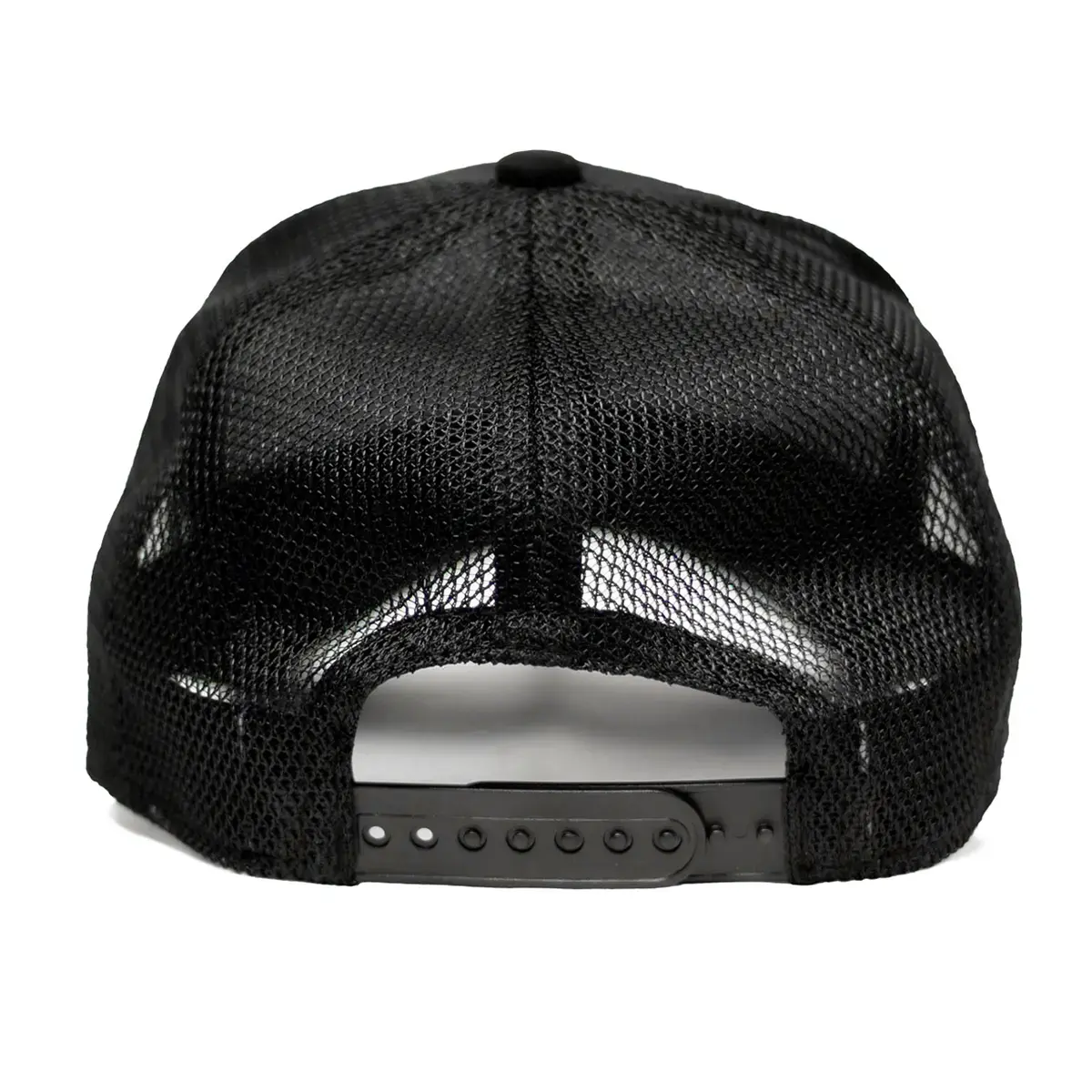 REBEL Phantom Trucker Hat rear view, full black mesh back panels and adjustable snapback closure
