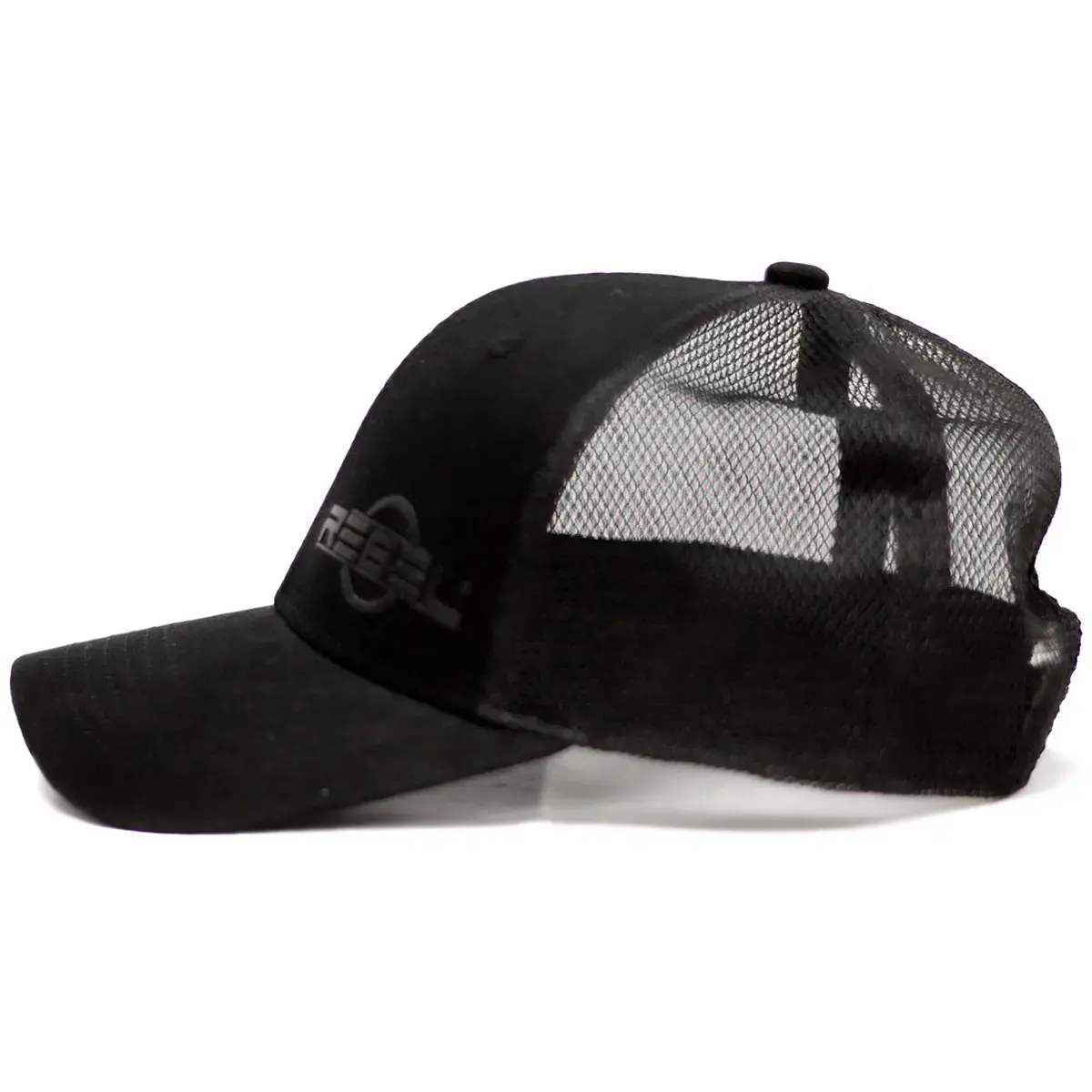 REBEL Phantom Trucker Hat left side view, full black mesh back panels and curved visor, rubber REBEL logo partially visible on front left panel