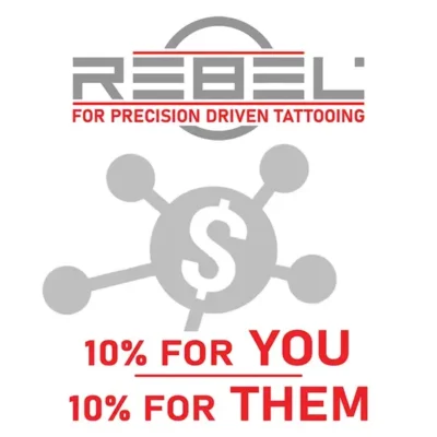 REBEL logo with hub icon and text reading 10% for you, 10% for them - Tattoo Referral Program
