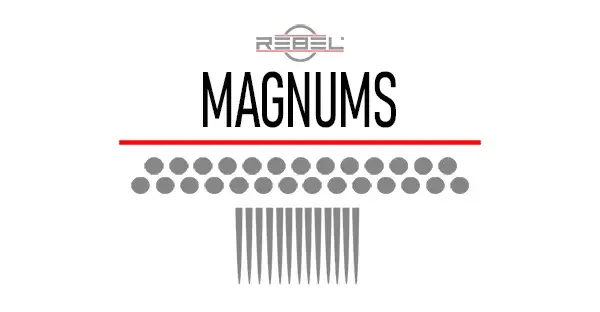 REBEL Magnum tattoo needle configuration illustration showing staggered two-row flat layout with usable corners