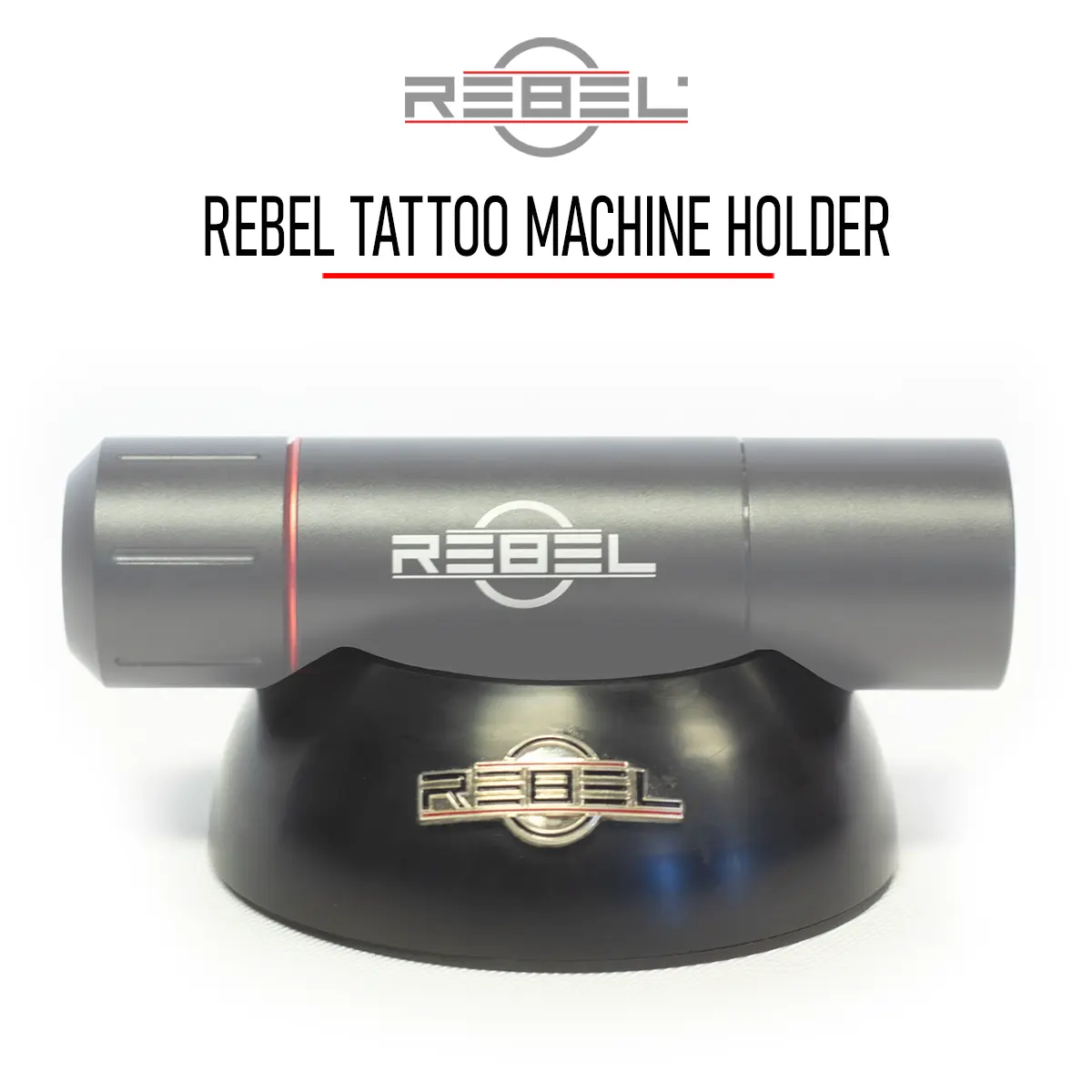 REBEL tattoo machine holder, grey machine grip resting in matte black stand, engraved REBEL logo