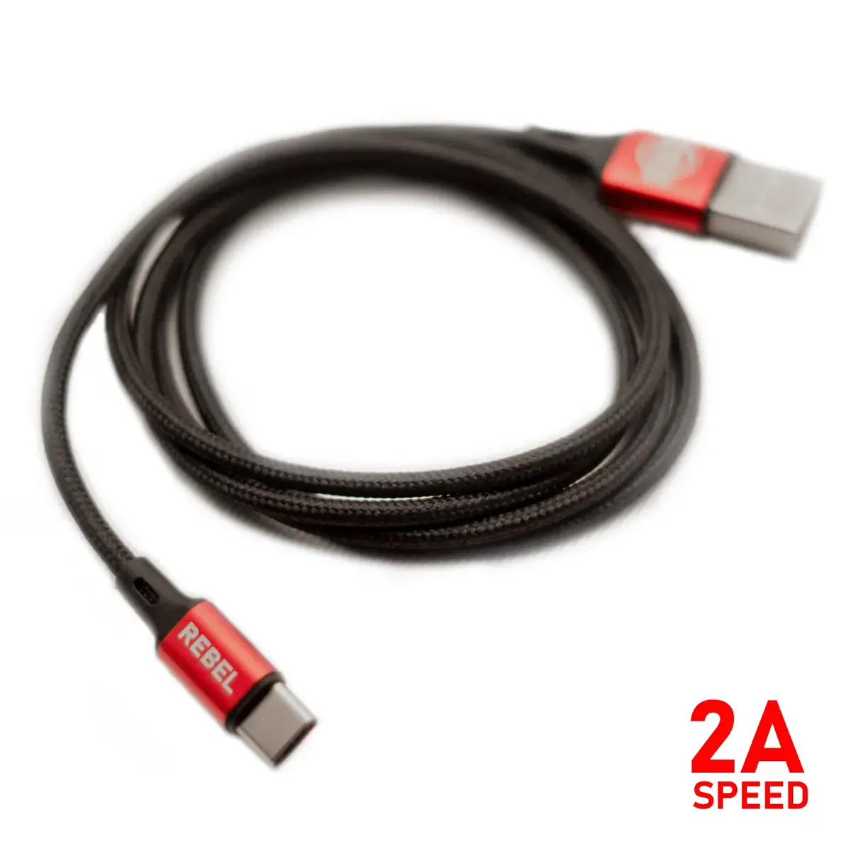 REBEL 2A USB-C charging cable coiled, showing full cable length
