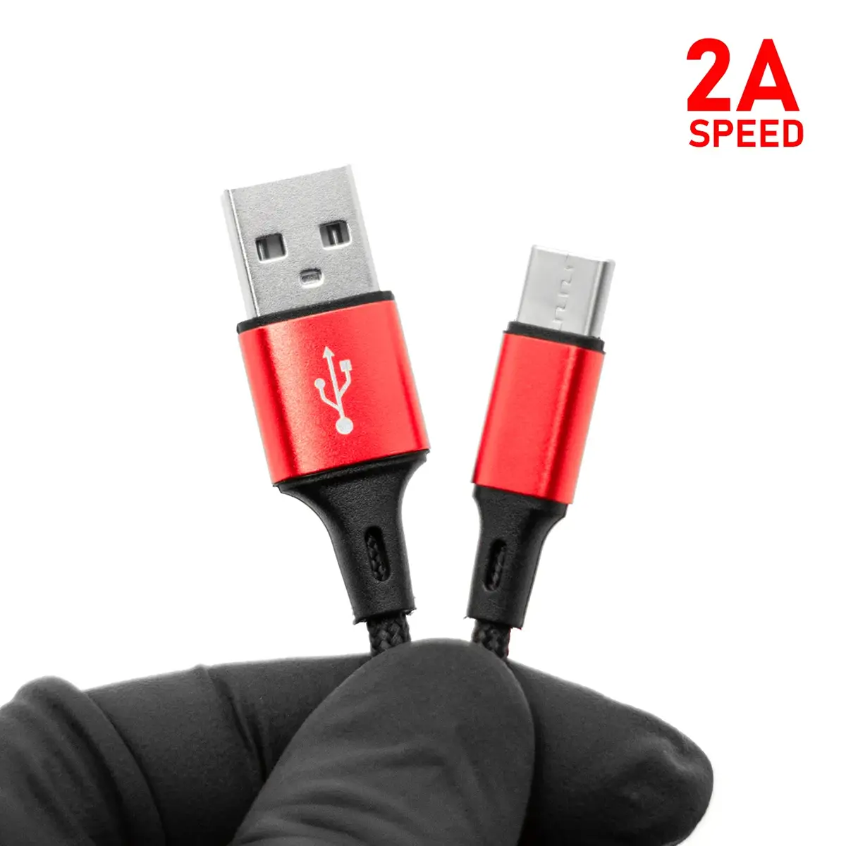 REBEL 2A USB-C charging cable connector heads close-up, USB-A and USB-C ends