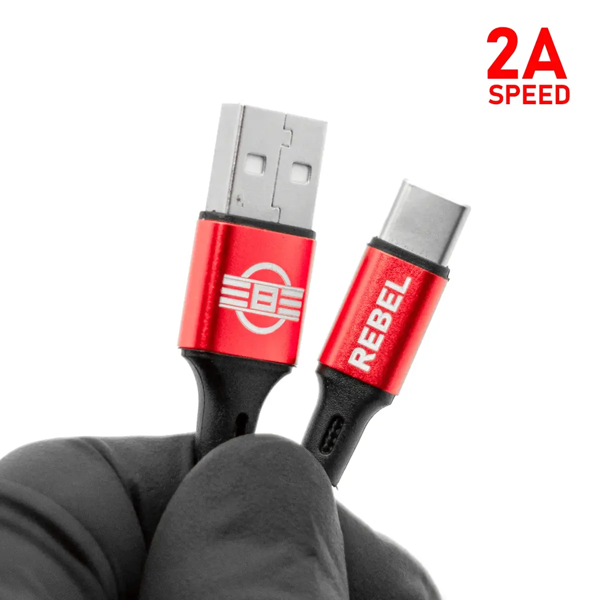 REBEL 2A USB-C charging cable, both connector ends held in hand