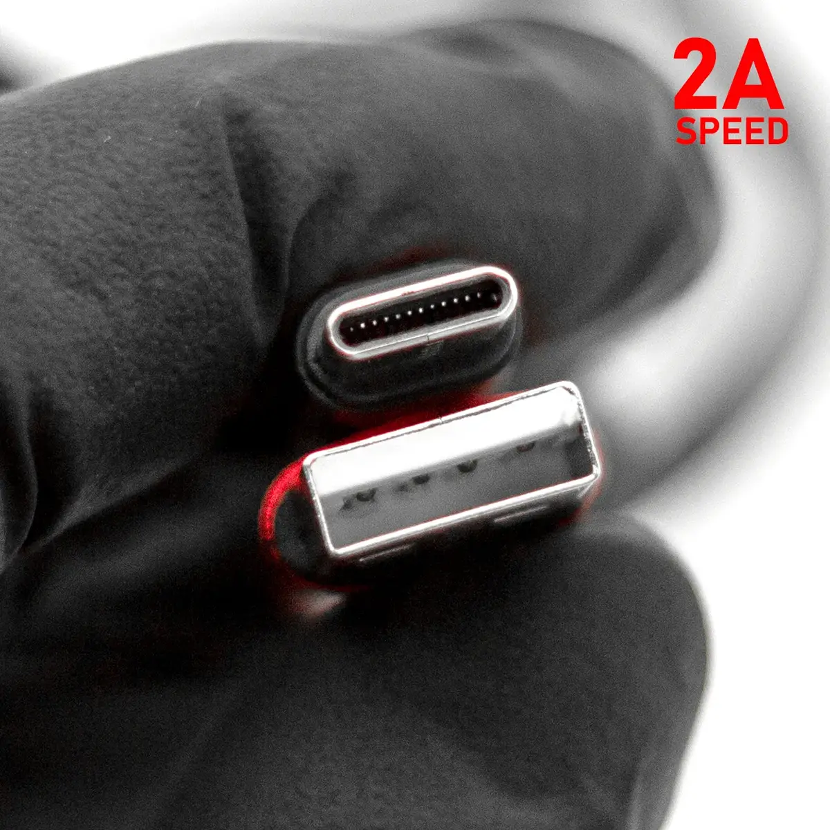 Macro close-up of REBEL 2A USB-C and USB-A cable connector tips