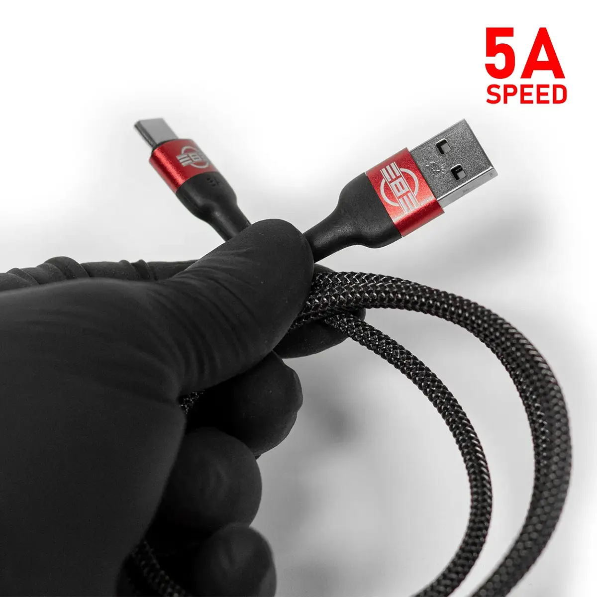 REBEL 5A USB-C charging cable, both connector ends held together in hand