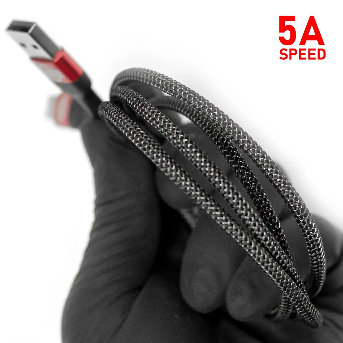 REBEL 5A USB-C charging cable braided cord texture, coiled in hand