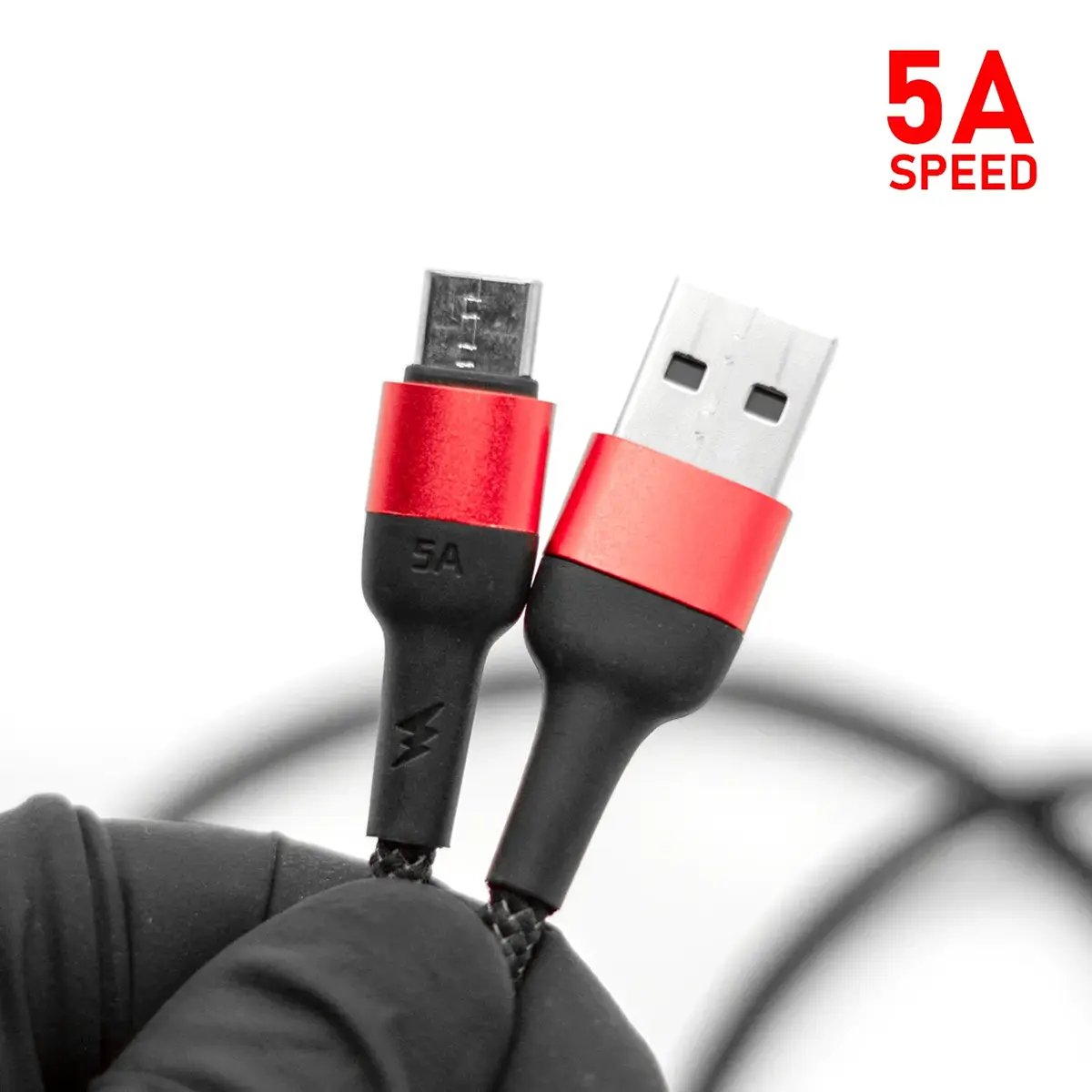 REBEL 5A USB-C charging cable connector heads close-up with lightning icon