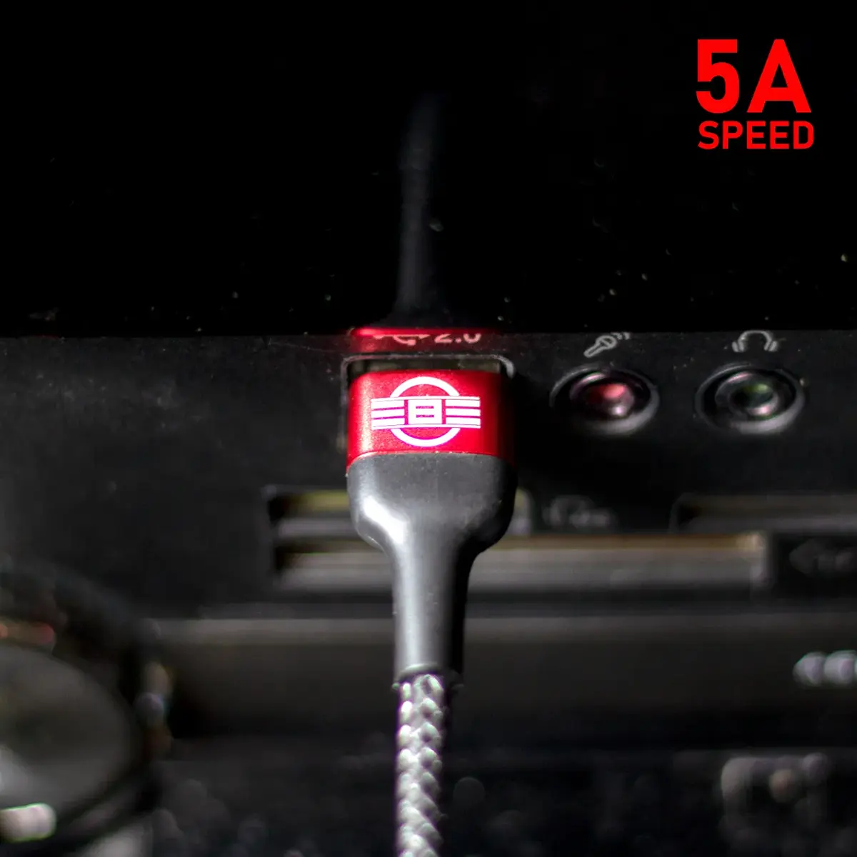 REBEL 5A USB-C charging cable plugged into a PC front panel port