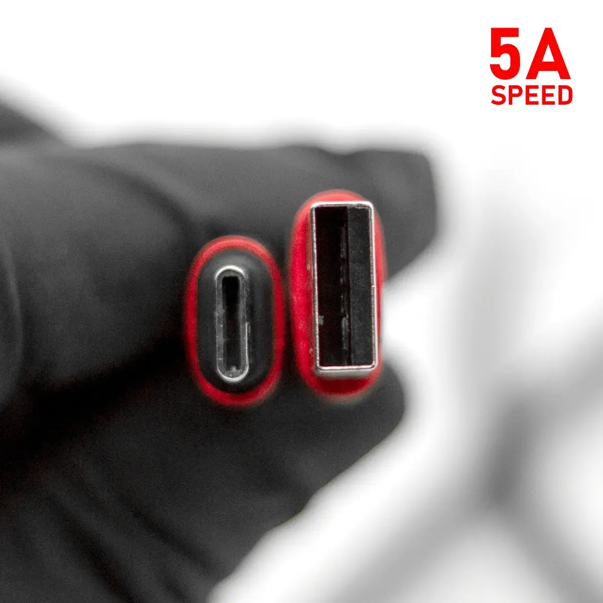 Macro close-up of REBEL 5A USB-C and USB-A cable connector tips