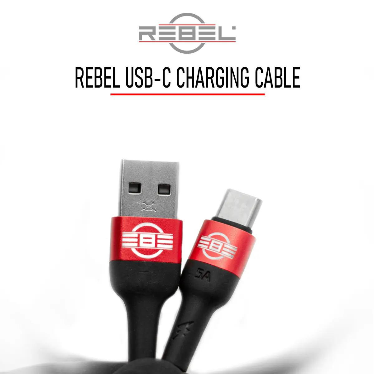 REBEL wireless tattoo machine charging cable, red connectors, black cord, 5A rating