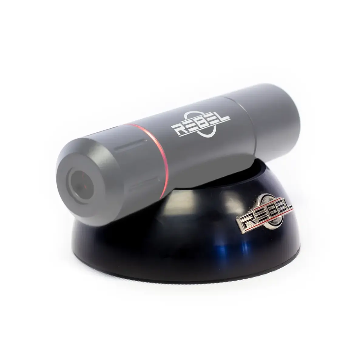 REBEL tattoo machine holder with grip resting in base, front angle