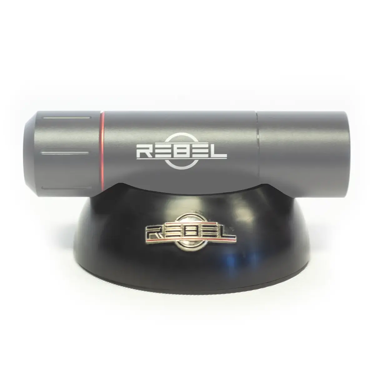 REBEL tattoo machine holder with grip resting in base, straight-on front view