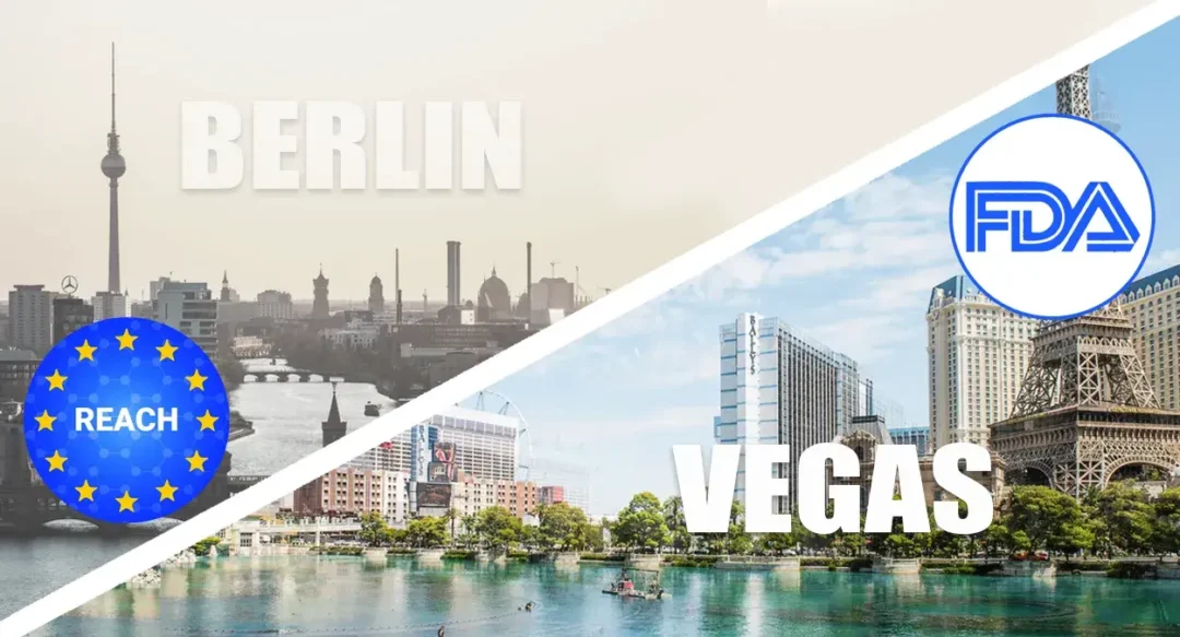 Berlin skyline with EU REACH badge split diagonally from Las Vegas skyline with FDA badge, labeled Berlin and Vegas