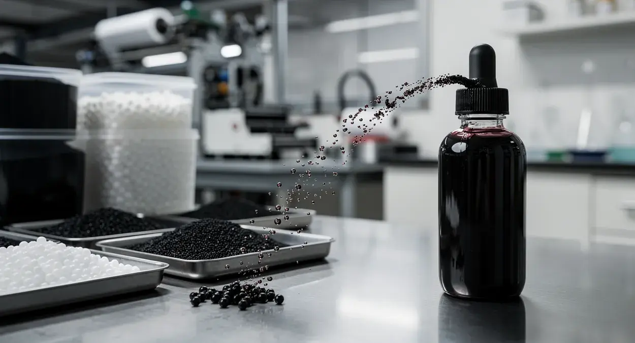 Black pigment granules arcing from lab trays into a dropper bottle of tattoo ink on a stainless steel counter