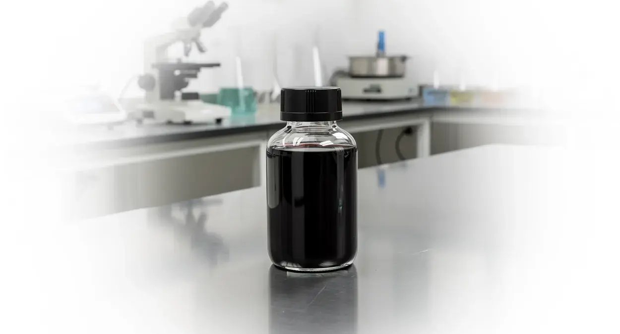 Sealed bottle of black tattoo ink on a lab counter with a microscope and mixing equipment in the background