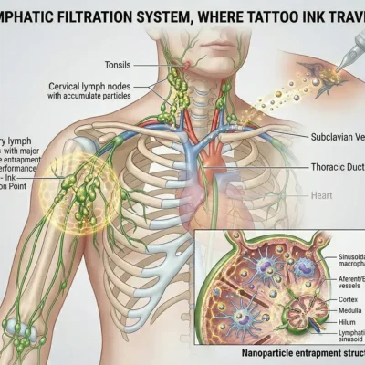 Anatomical diagram of tattoo ink nanoparticles migrating through lymph nodes and veins to the bloodstream