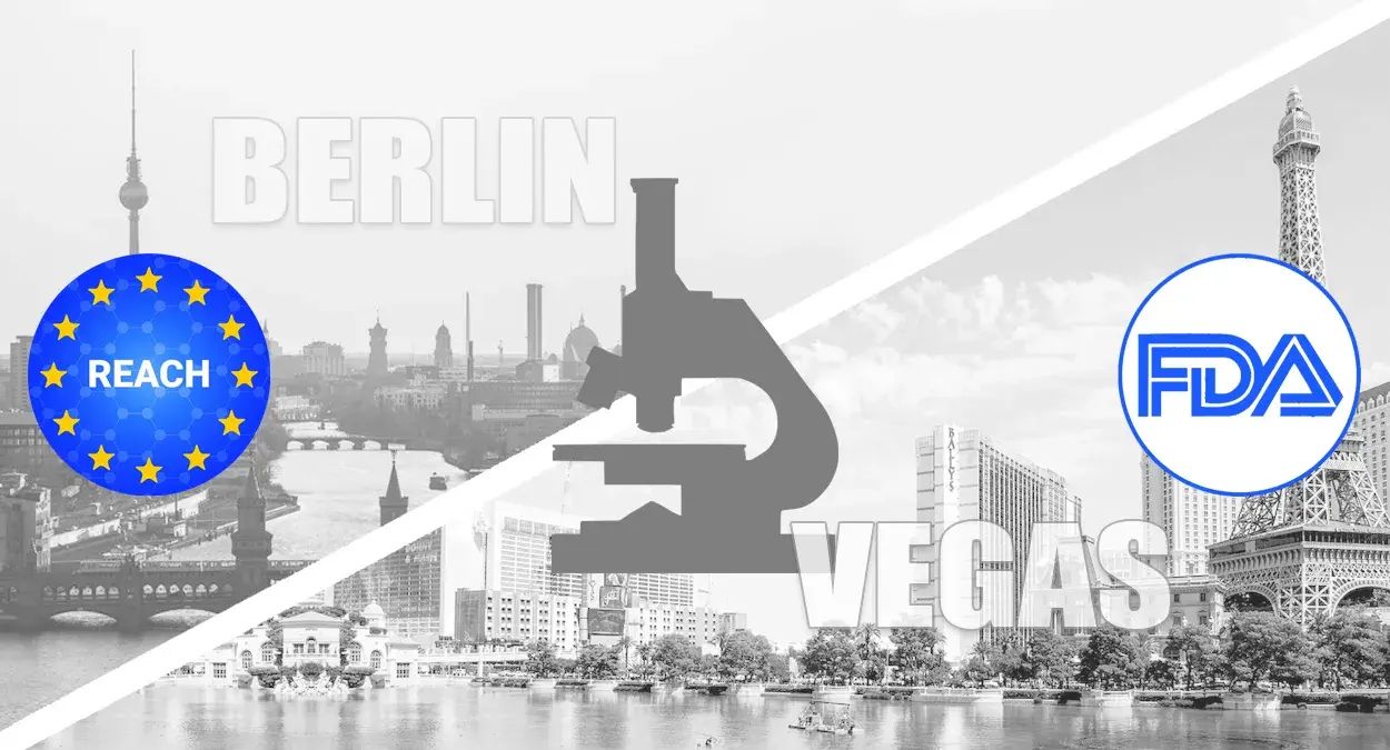 Grayscale Berlin and Las Vegas skylines split by a microscope icon, with EU REACH and US FDA regulatory badges